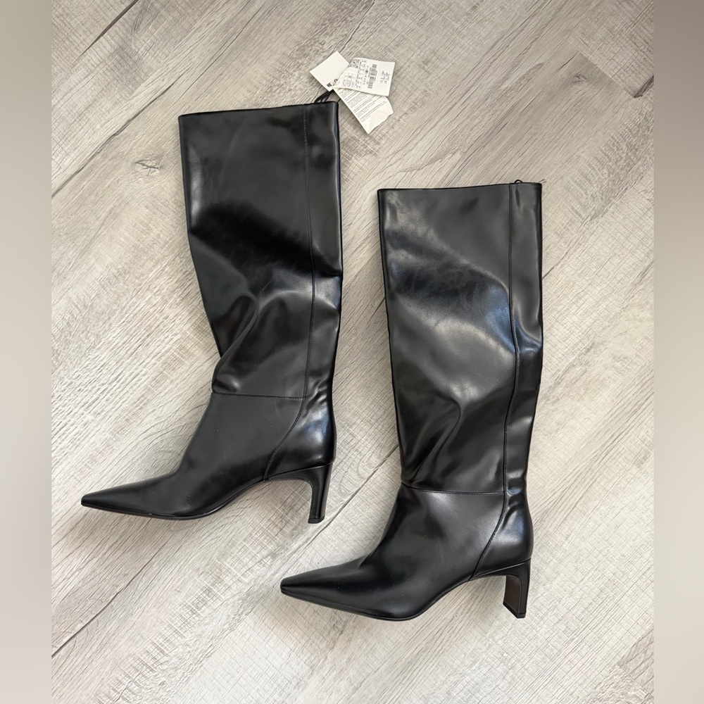 Zara Black Pointed-Toe Mid-Heel Knee Boots - Unbranded